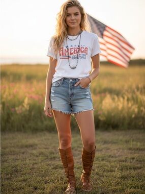 America The Beautiful Graphic Tee - White with Red & Blue Print